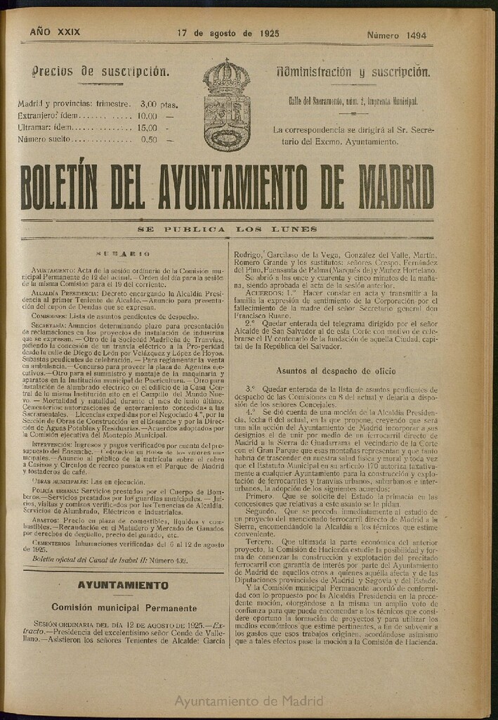 Miniatura de Boletín Oficial del Ayuntamiento de Madrid del 17 de agosto de 1925, nº 1494