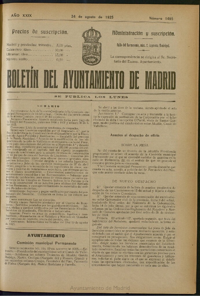Miniatura de Boletín Oficial del Ayuntamiento de Madrid del 24 de agosto de 1925, nº 1495
