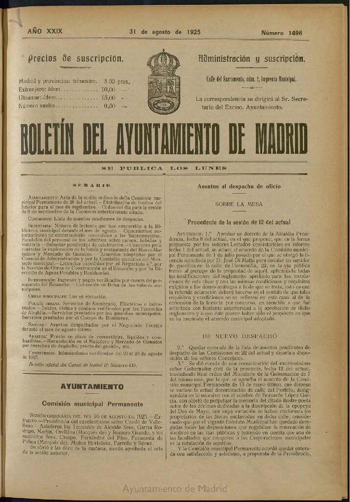 Miniatura de Boletín Oficial del Ayuntamiento de Madrid del 31 de agosto de 1925, nº 1496