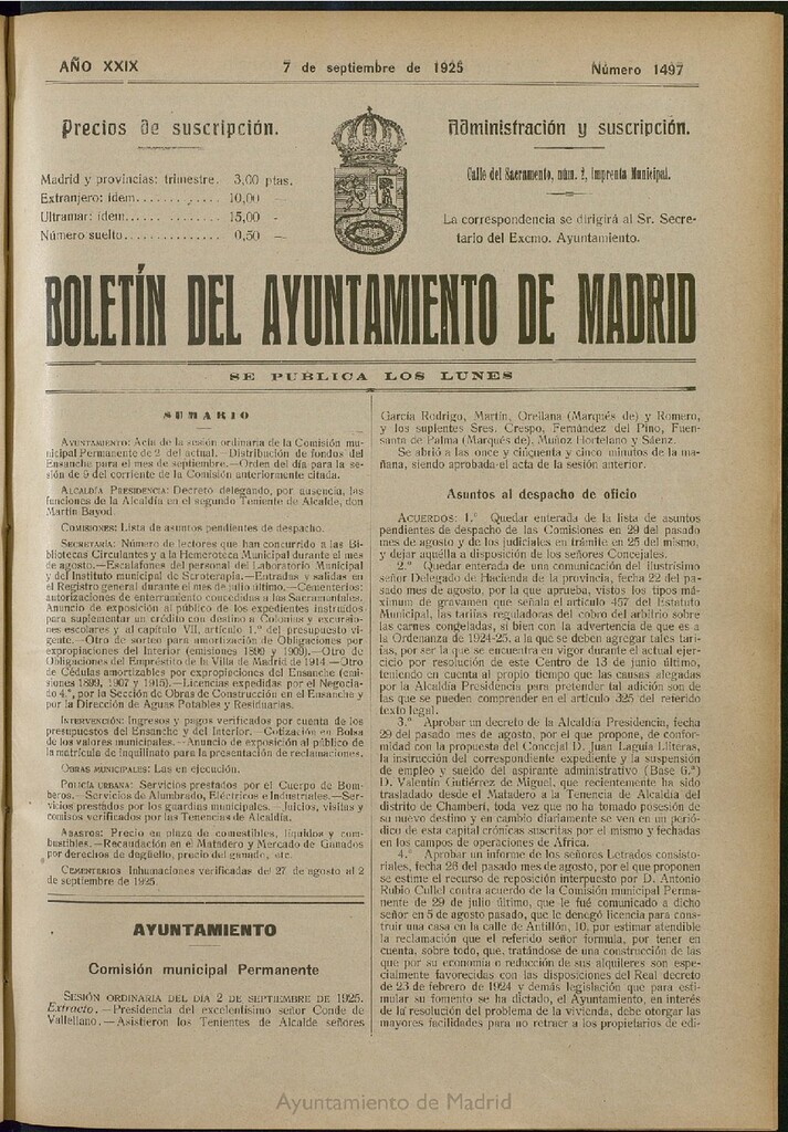 Miniatura de Boletín Oficial del Ayuntamiento de Madrid del 7 de septiembre de 1925, nº 1497