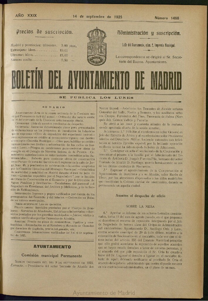 Miniatura de Boletín Oficial del Ayuntamiento de Madrid del 14 de septiembre de 1925, nº 1498