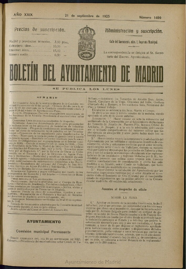 Miniatura de Boletín Oficial del Ayuntamiento de Madrid del 21 de septiembre de 1925, nº 1499