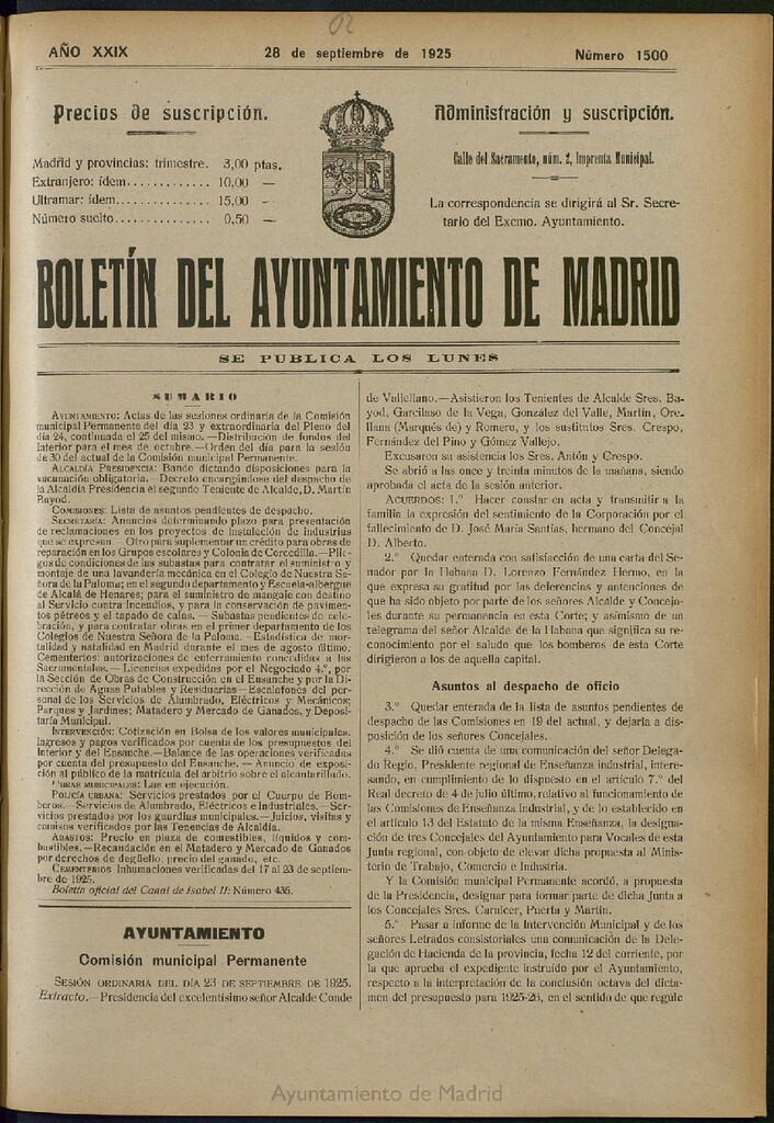 Miniatura de Boletín Oficial del Ayuntamiento de Madrid del 28 de septiembre de 1925, nº 1500