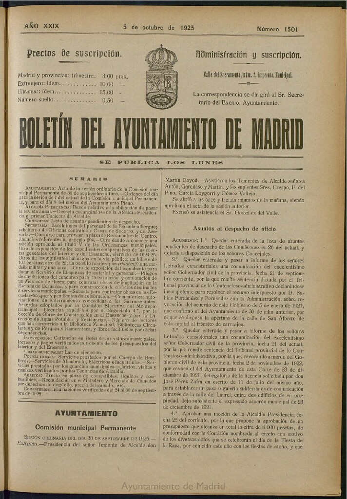 Miniatura de Boletín Oficial del Ayuntamiento de Madrid del 5 de octubre de 1925, nº 1501