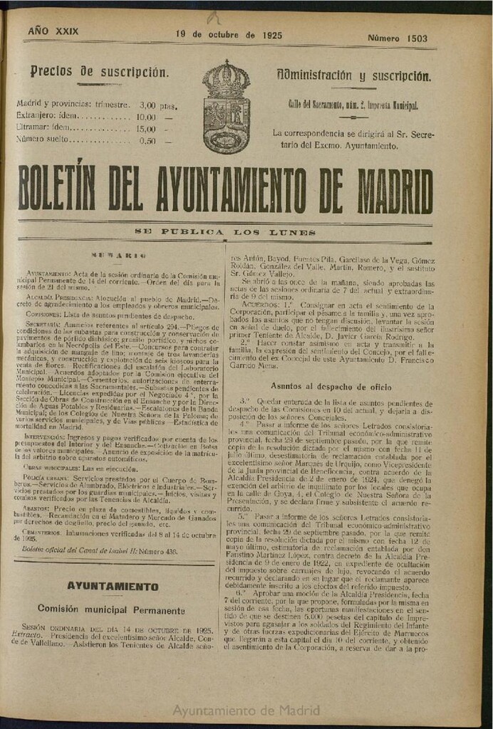 Miniatura de Boletín Oficial del Ayuntamiento de Madrid del 19 de octubre de 1925, nº 1503