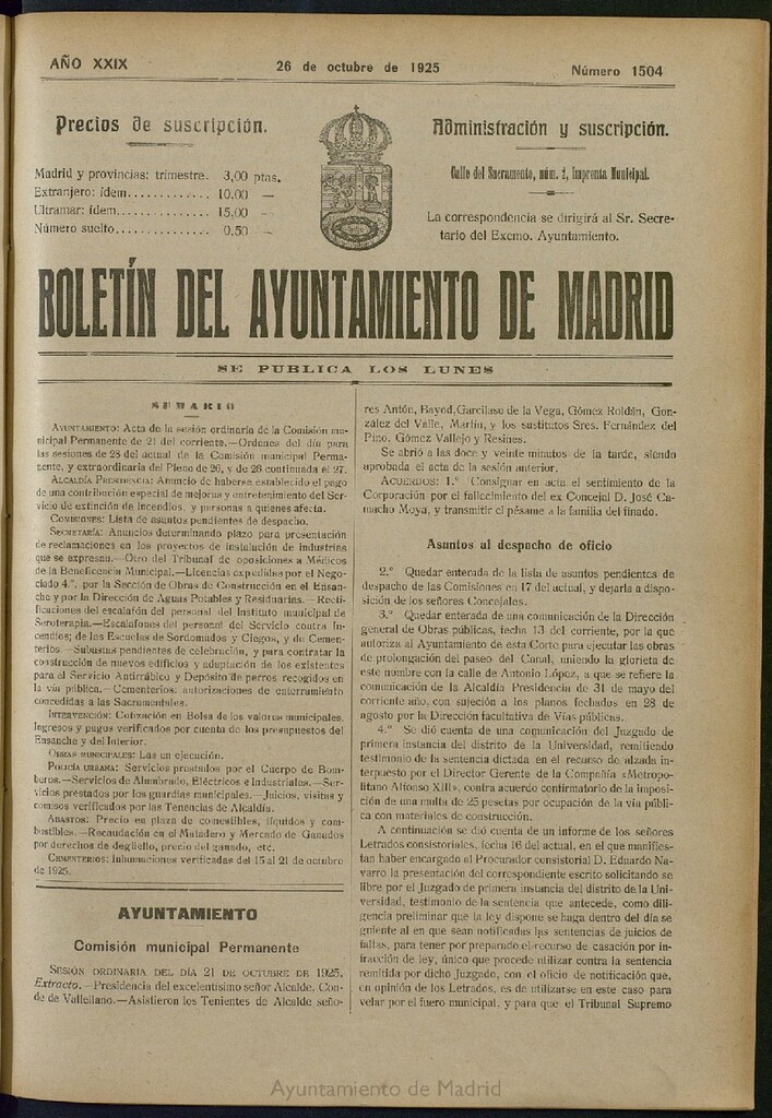 Miniatura de Boletín Oficial del Ayuntamiento de Madrid del 26 de octubre de 1925, nº 1504
