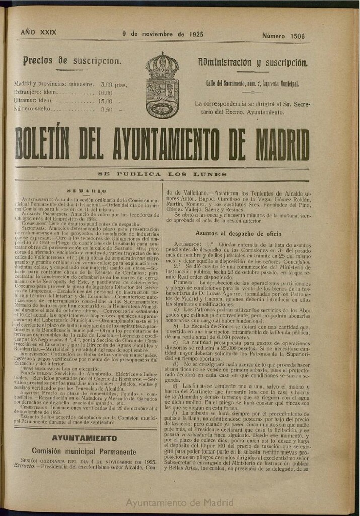 Miniatura de Boletín Oficial del Ayuntamiento de Madrid del 9 de noviembre de 1925, nº 1506