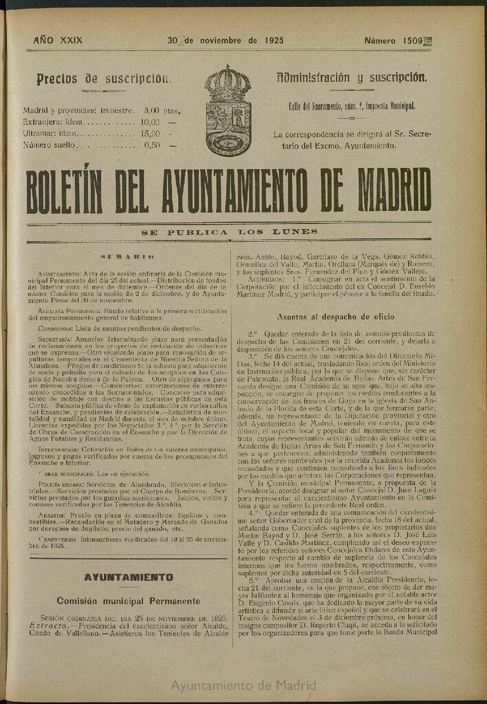 Miniatura de Boletín Oficial del Ayuntamiento de Madrid del 30 de noviembre de 1925, nº 1509