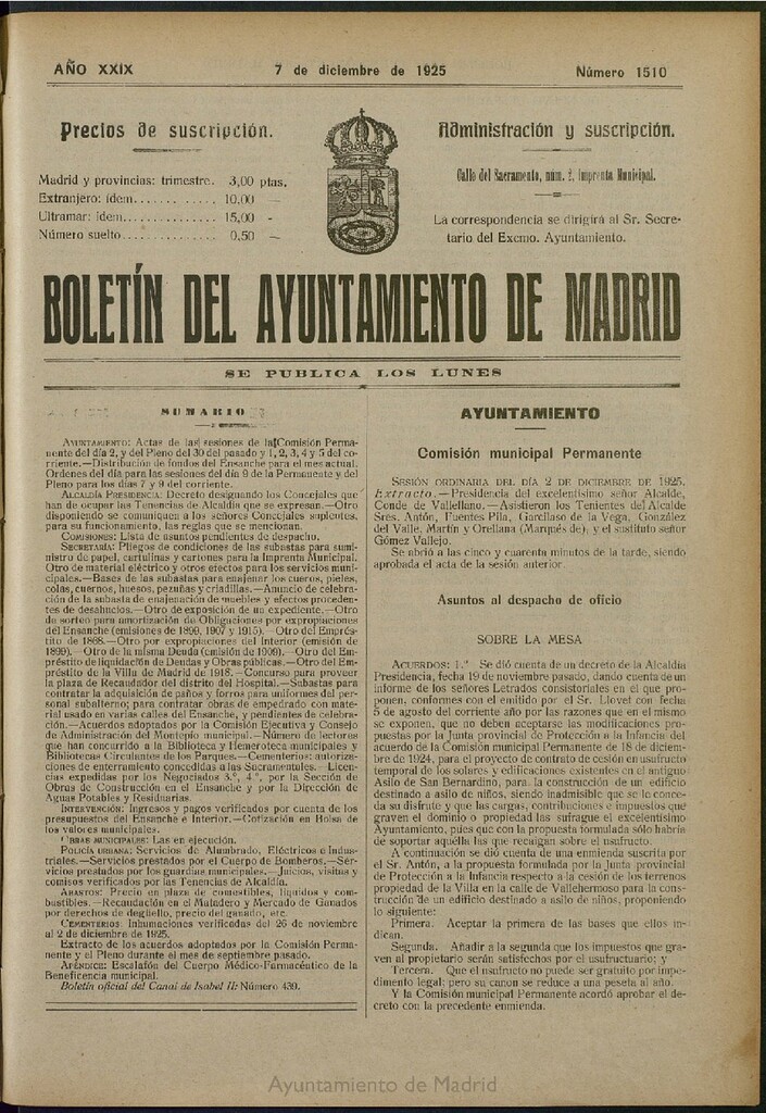 Miniatura de Boletín Oficial del Ayuntamiento de Madrid del 7 de diciembre de 1925, nº 1510