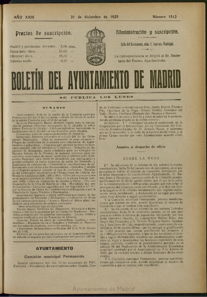 Miniatura de Boletín Oficial del Ayuntamiento de Madrid del 21 de diciembre de 1925, nº 1512