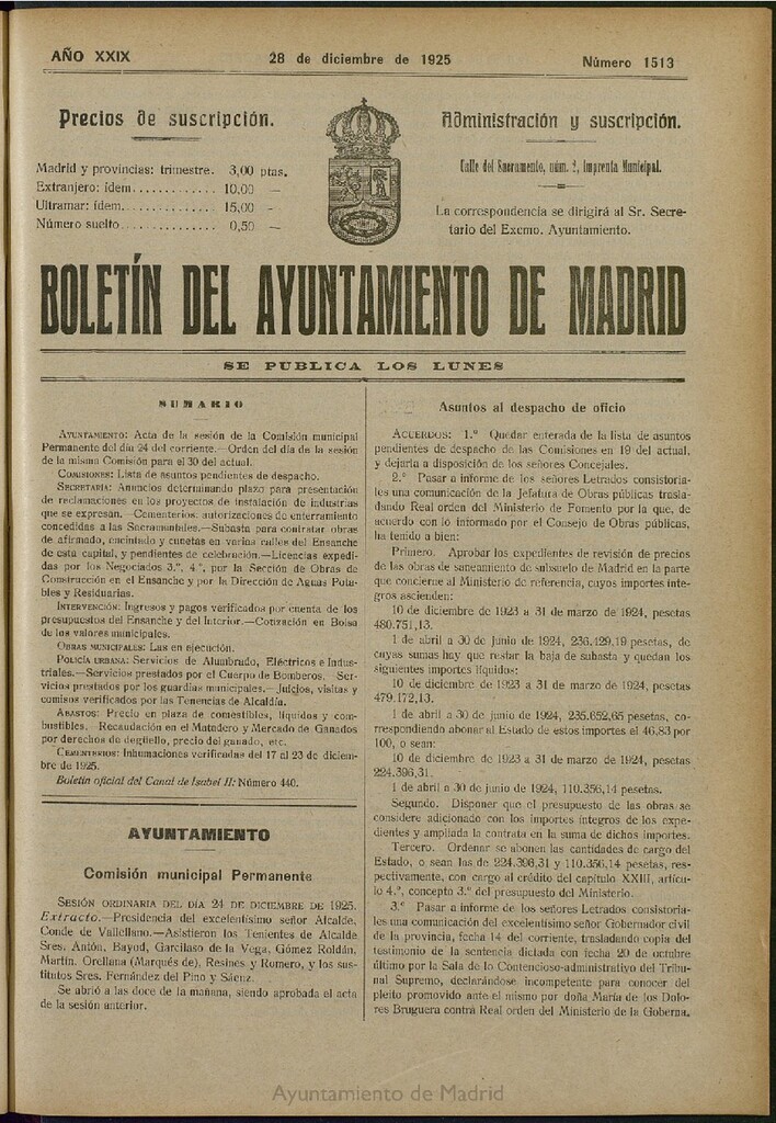 Miniatura de Boletín Oficial del Ayuntamiento de Madrid del 28 de diciembre de 1925, nº 1513