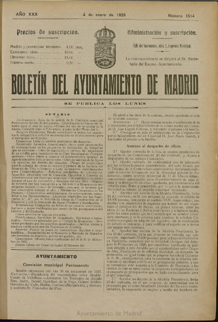 Miniatura de Boletín Oficial del Ayuntamiento de Madrid del 4 de enero de 1926, nº 1514