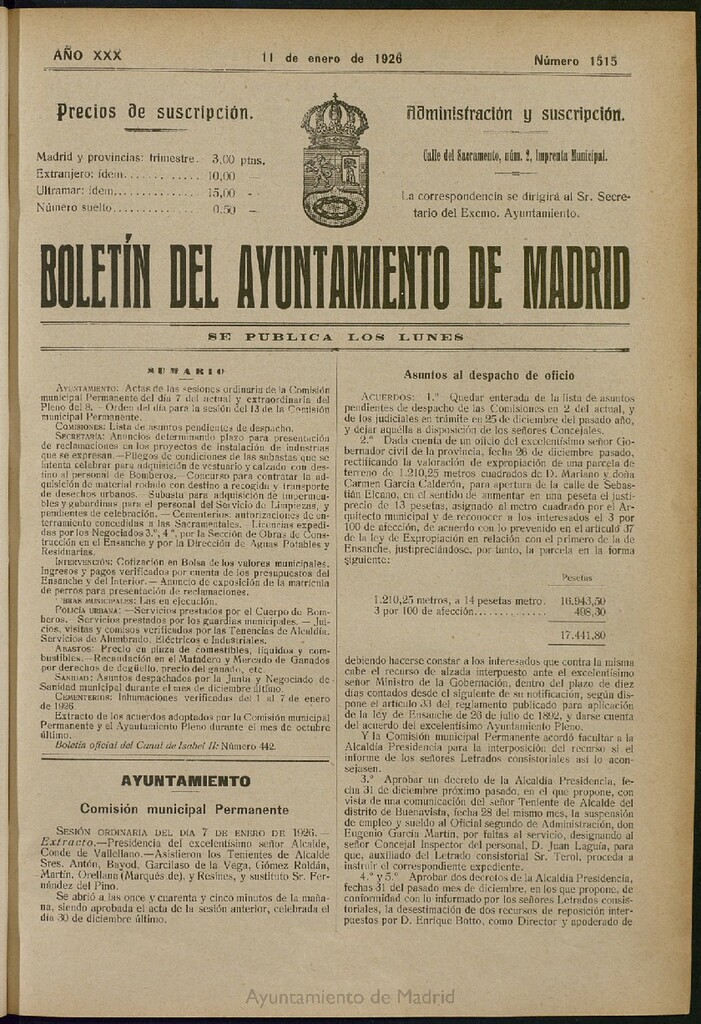 Miniatura de Boletín Oficial del Ayuntamiento de Madrid del 11 de enero de 1926, nº 1515