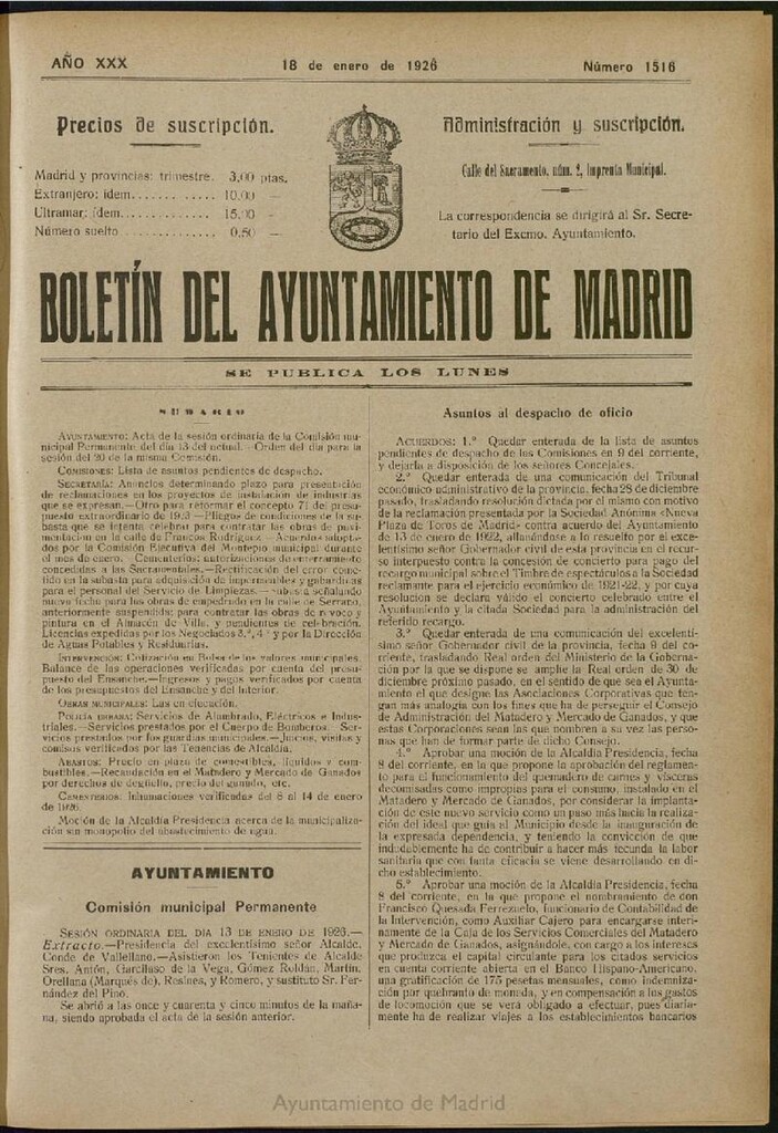 Miniatura de Boletín Oficial del Ayuntamiento de Madrid del 18 de enero de 1926, nº 1516