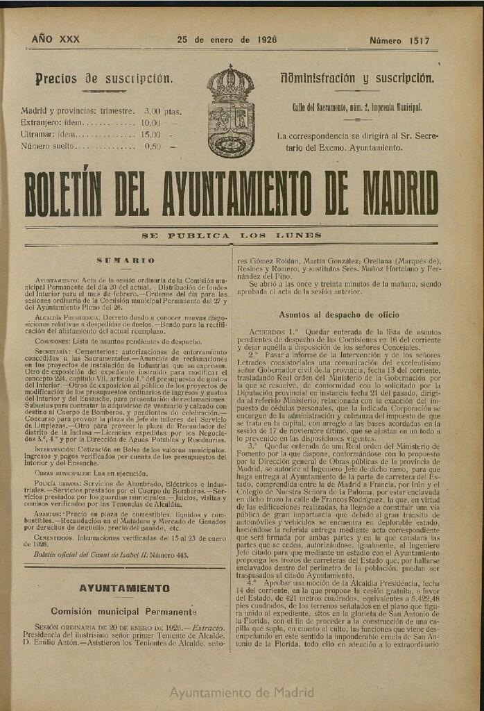Miniatura de Boletín Oficial del Ayuntamiento de Madrid del 25 de enero de 1926, nº 1517
