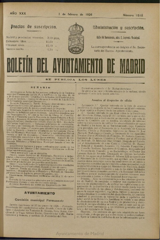 Miniatura de Boletín Oficial del Ayuntamiento de Madrid del 1 de febrero de 1926, nº 1518