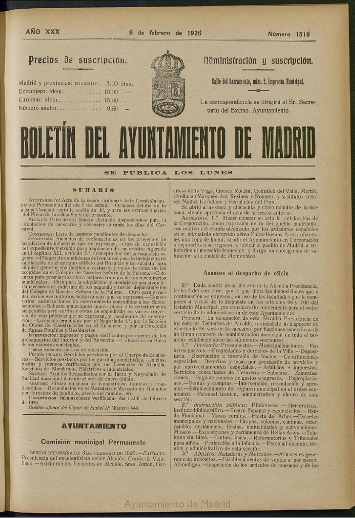 Miniatura de Boletín Oficial del Ayuntamiento de Madrid del 8 de febrero de 1926, nº 1519