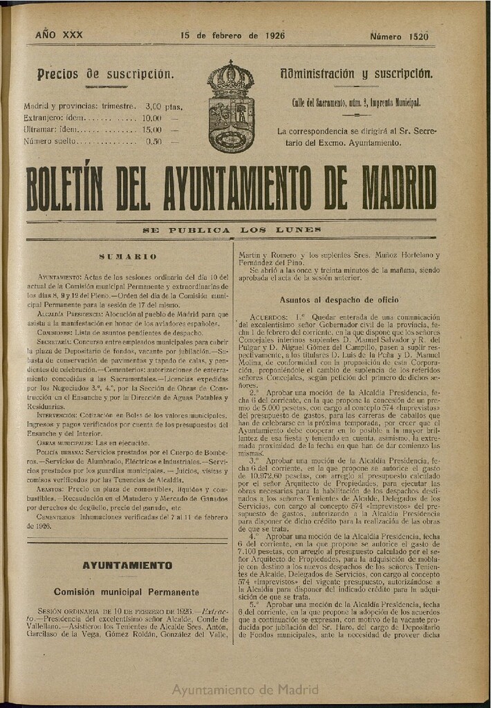 Miniatura de Boletín Oficial del Ayuntamiento de Madrid del 15 de febrero de 1926, nº 1520