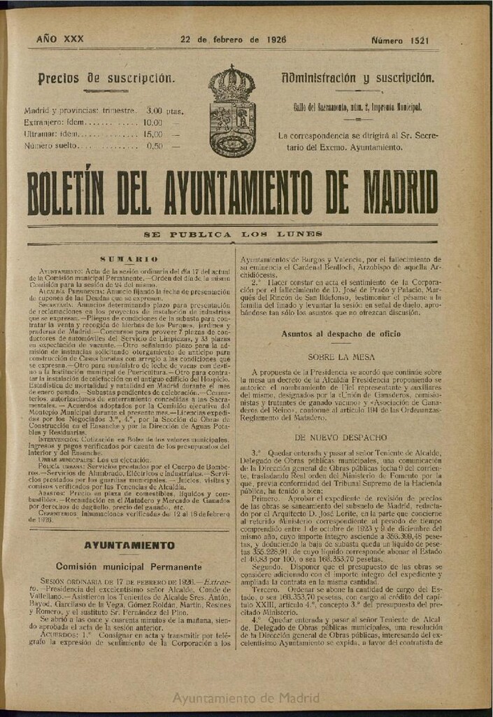 Miniatura de Boletín Oficial del Ayuntamiento de Madrid del 22 de febrero de 1926, nº 1521