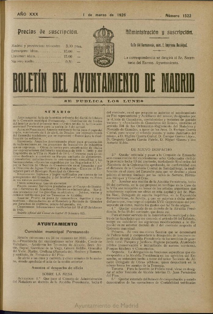 Miniatura de Boletín Oficial del Ayuntamiento de Madrid del 1 de marzo de 1926, nº 1522