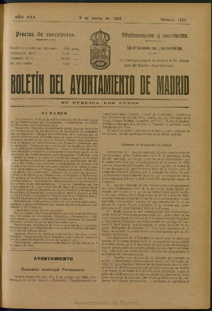 Miniatura de Boletín Oficial del Ayuntamiento de Madrid del 8 de marzo de 1926, nº 1523