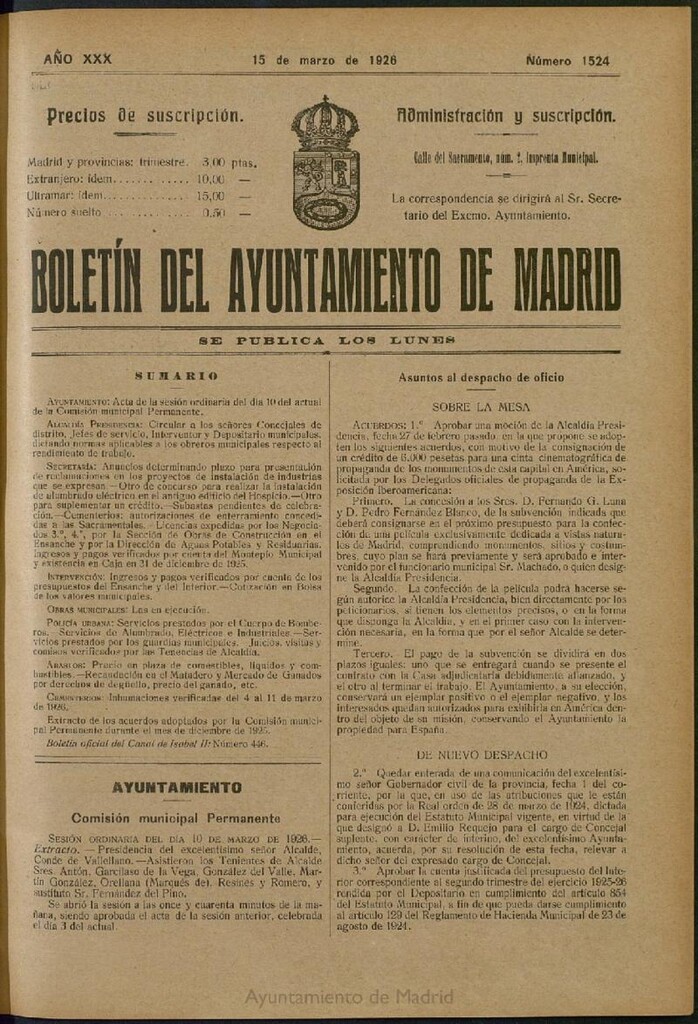 Miniatura de Boletín Oficial del Ayuntamiento de Madrid del 15 de marzo de 1926, nº 1524