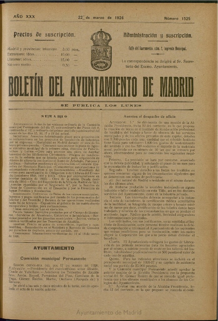 Miniatura de Boletín Oficial del Ayuntamiento de Madrid del 22 de marzo de 1926, nº 1525