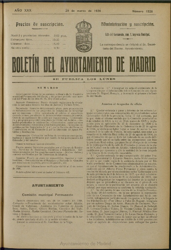 Miniatura de Boletín Oficial del Ayuntamiento de Madrid del 29 de marzo de 1926, nº 1526