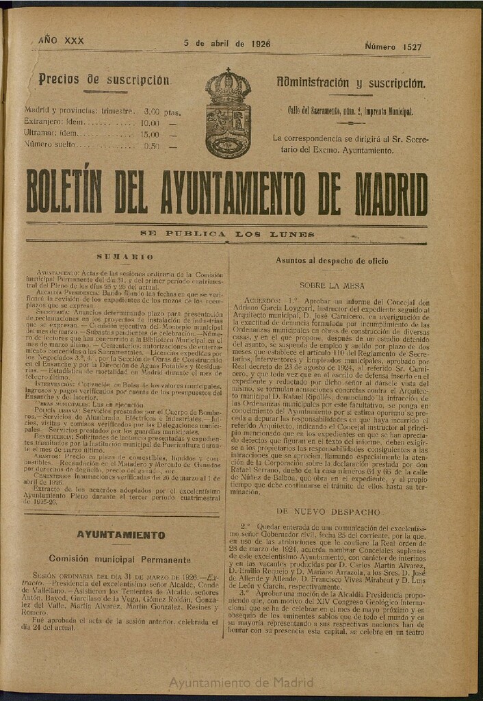Miniatura de Boletín Oficial del Ayuntamiento de Madrid del 5 de abril de 1926, nº 1527