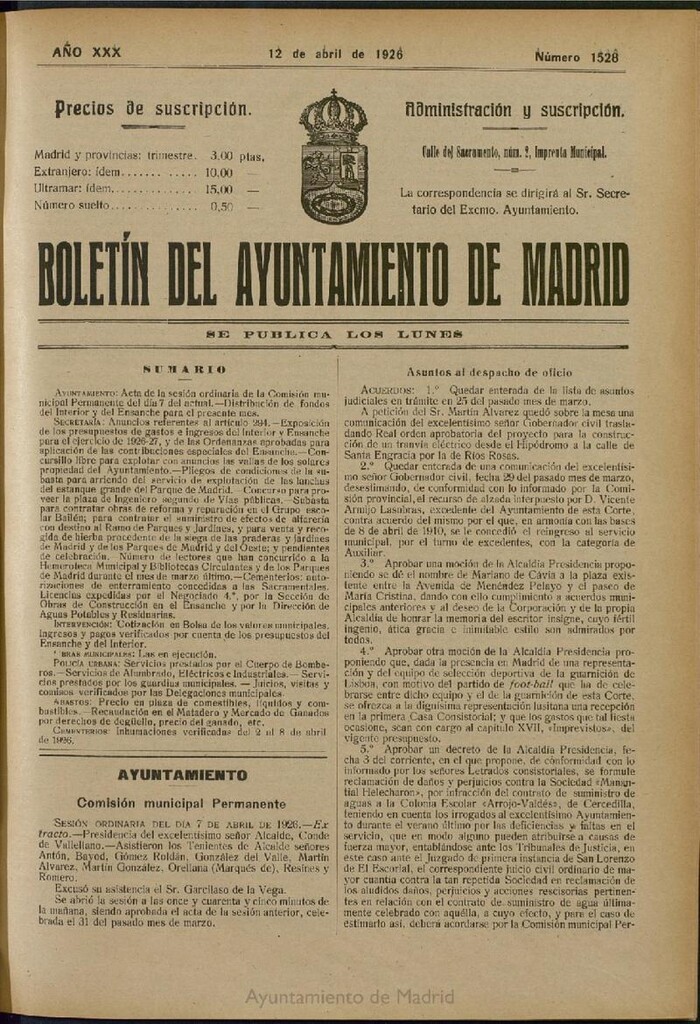 Miniatura de Boletín Oficial del Ayuntamiento de Madrid del 12 de abril de 1926, nº 1528