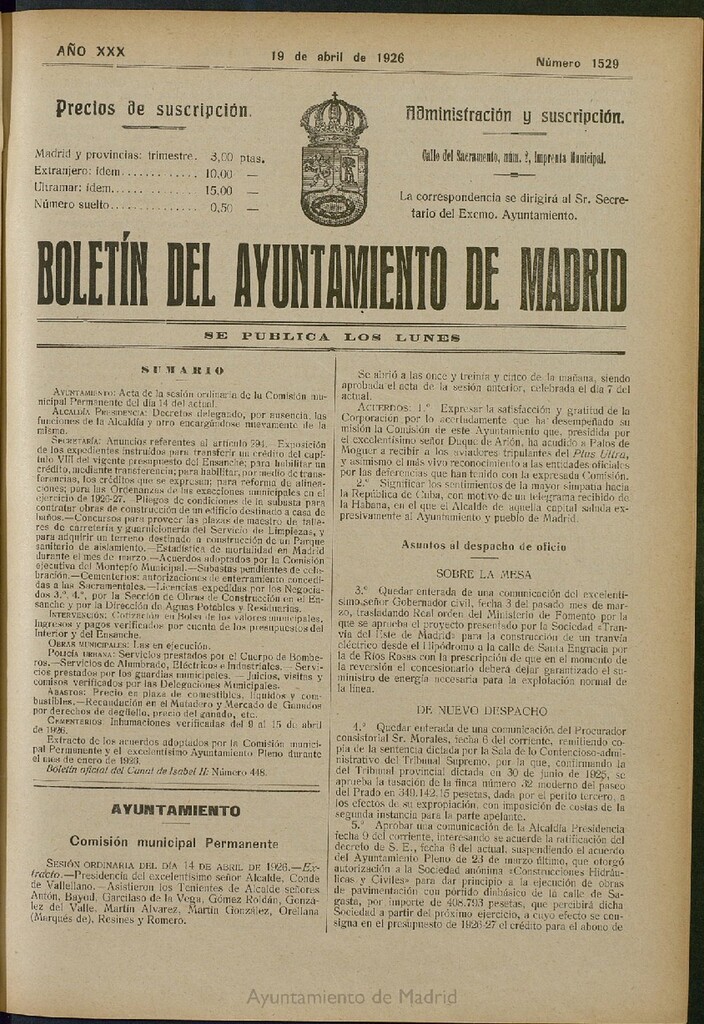 Miniatura de Boletín Oficial del Ayuntamiento de Madrid del 19 de abril de 1926, nº 1529