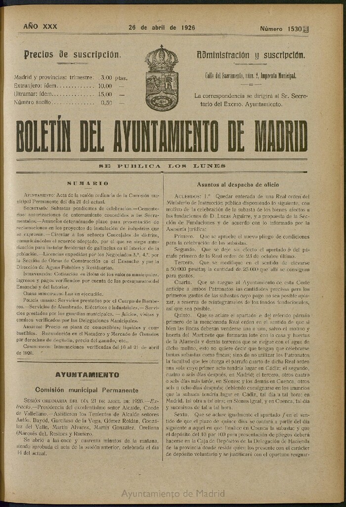 Miniatura de Boletín Oficial del Ayuntamiento de Madrid del 26 de abril de 1926, nº 1530