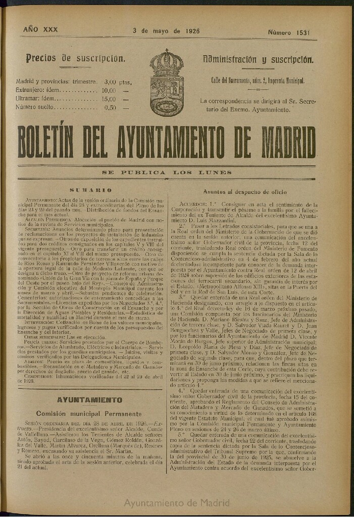 Miniatura de Boletín Oficial del Ayuntamiento de Madrid del 3 de mayo de 1926, nº 1531