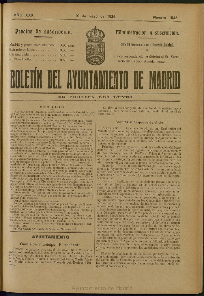 Miniatura de Boletín Oficial del Ayuntamiento de Madrid del 10 de mayo de 1926, nº 1532