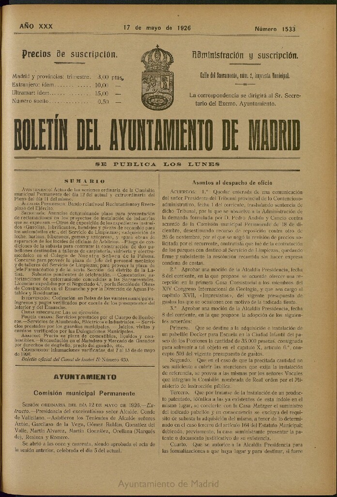 Miniatura de Boletín Oficial del Ayuntamiento de Madrid del 17 de mayo de 1926, nº 1533
