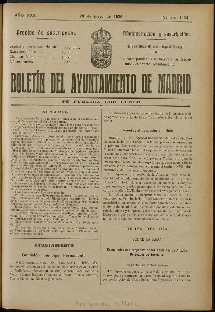 Miniatura de Boletín Oficial del Ayuntamiento de Madrid del 24 de mayo de 1926, nº 1534