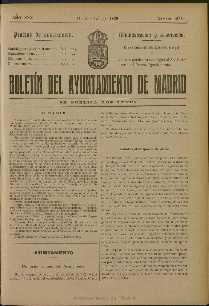 Miniatura de Boletín Oficial del Ayuntamiento de Madrid del 31 de mayo de 1926, nº 1535
