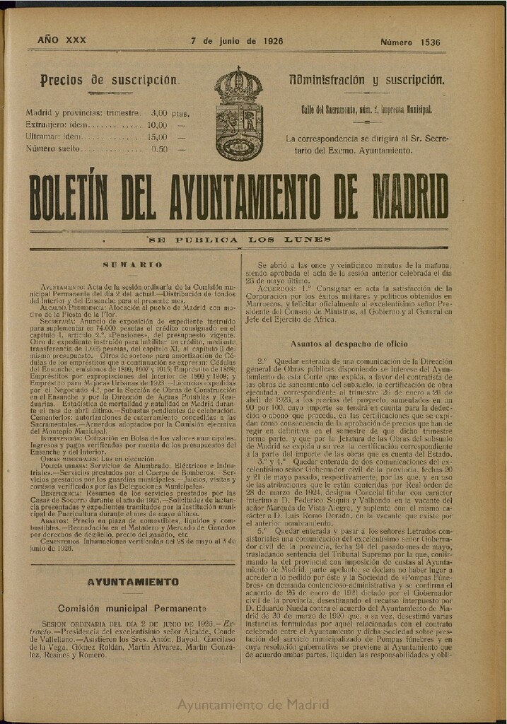 Miniatura de Boletín Oficial del Ayuntamiento de Madrid del 7 de junio de 1926, nº 1536