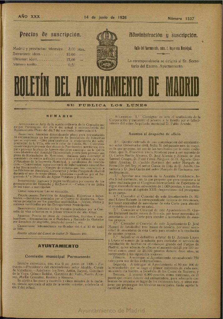 Miniatura de Boletín Oficial del Ayuntamiento de Madrid del 14 de junio de 1926, nº 1537
