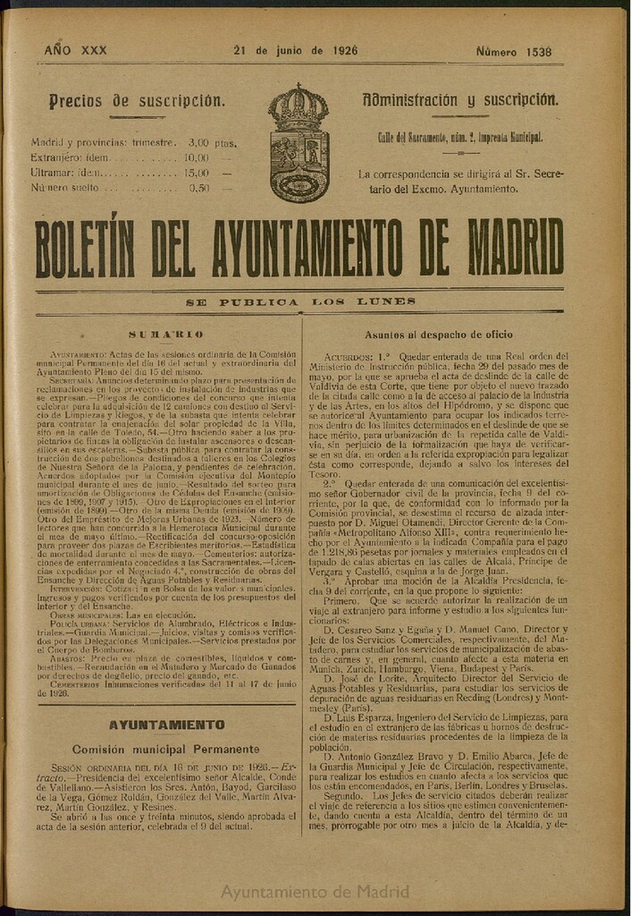 Miniatura de Boletín Oficial del Ayuntamiento de Madrid del 21 de junio de 1926, nº 1538
