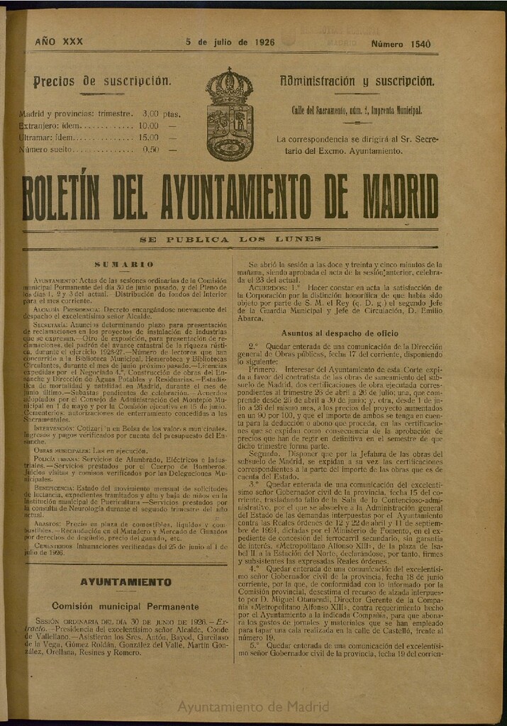 Miniatura de Boletín Oficial del Ayuntamiento de Madrid del 5 de julio de 1926, nº 1540