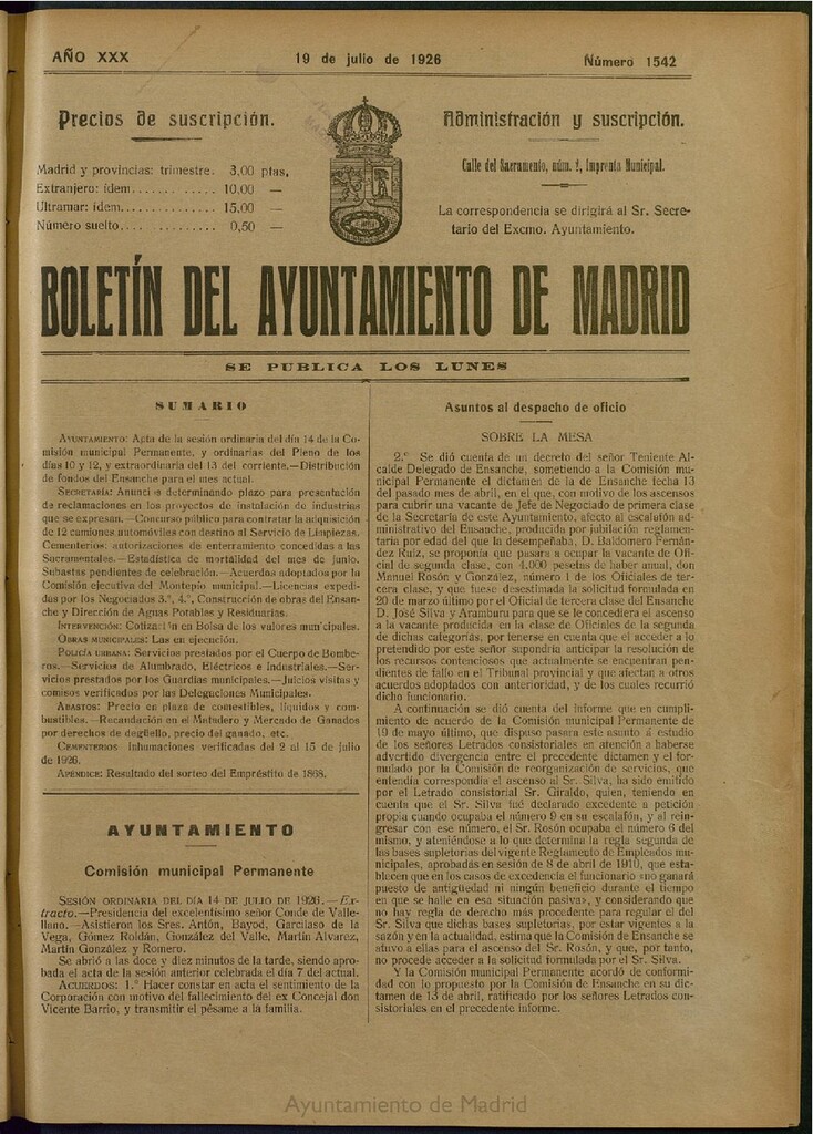 Miniatura de Boletín Oficial del Ayuntamiento de Madrid del 19 de julio de 1926, nº 1542