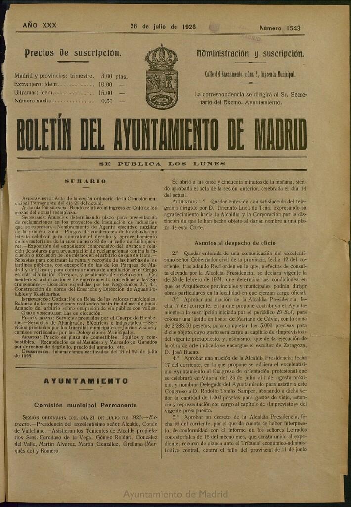 Miniatura de Boletín Oficial del Ayuntamiento de Madrid del 26 de julio de 1926, nº 1543
