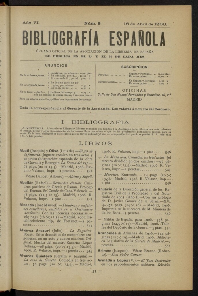 Miniatura de Bibliografía Española del 16 de abril de 1906