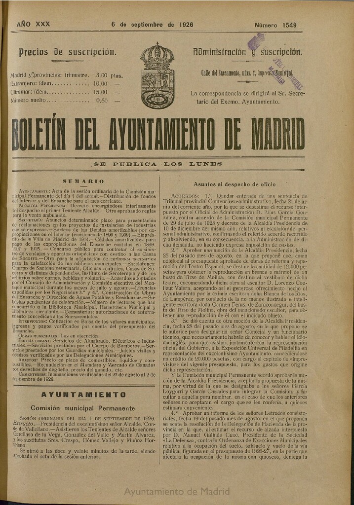Miniatura de Boletín Oficial del Ayuntamiento de Madrid del 6 de septiembre de 1926, nº 1549