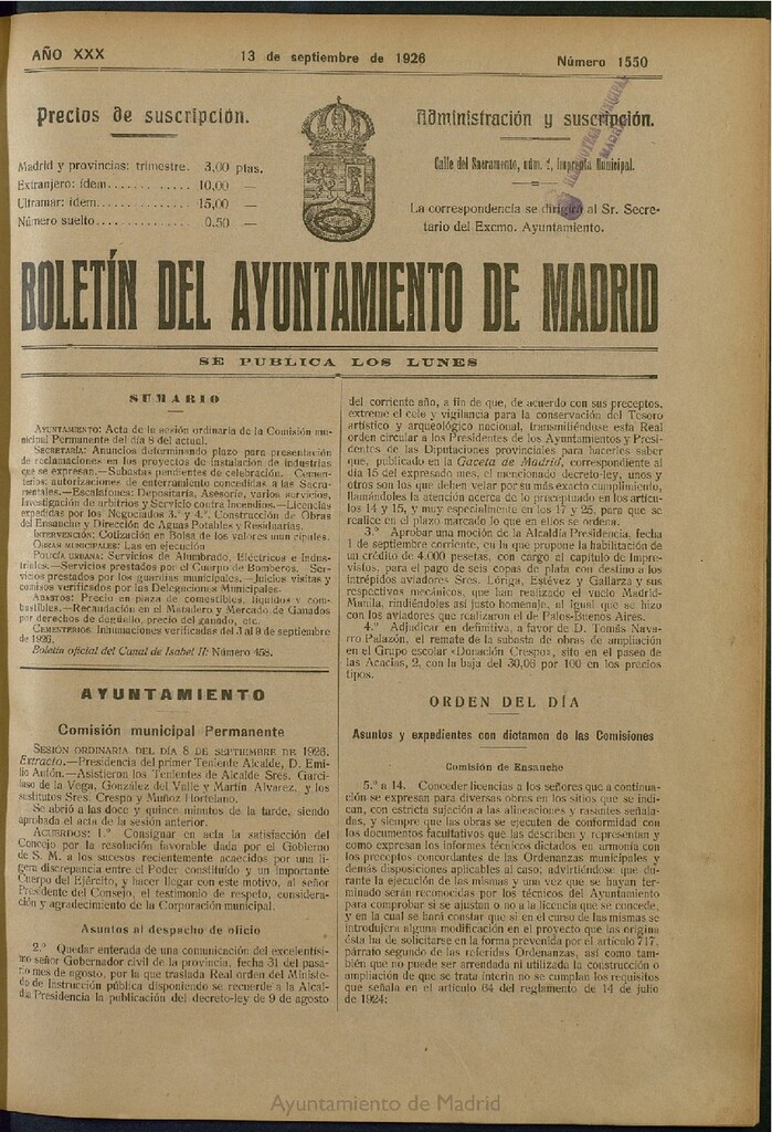 Miniatura de Boletín Oficial del Ayuntamiento de Madrid del 13 de septiembre de 1926, nº 1550