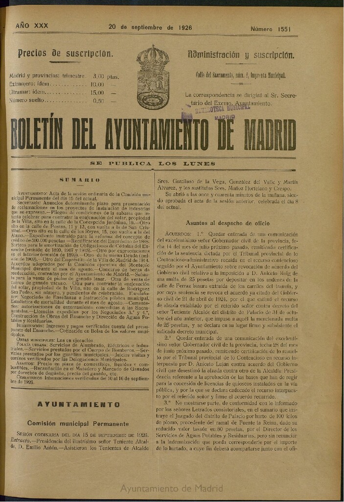 Miniatura de Boletín Oficial del Ayuntamiento de Madrid del 20 de septiembre de 1926, nº 1551