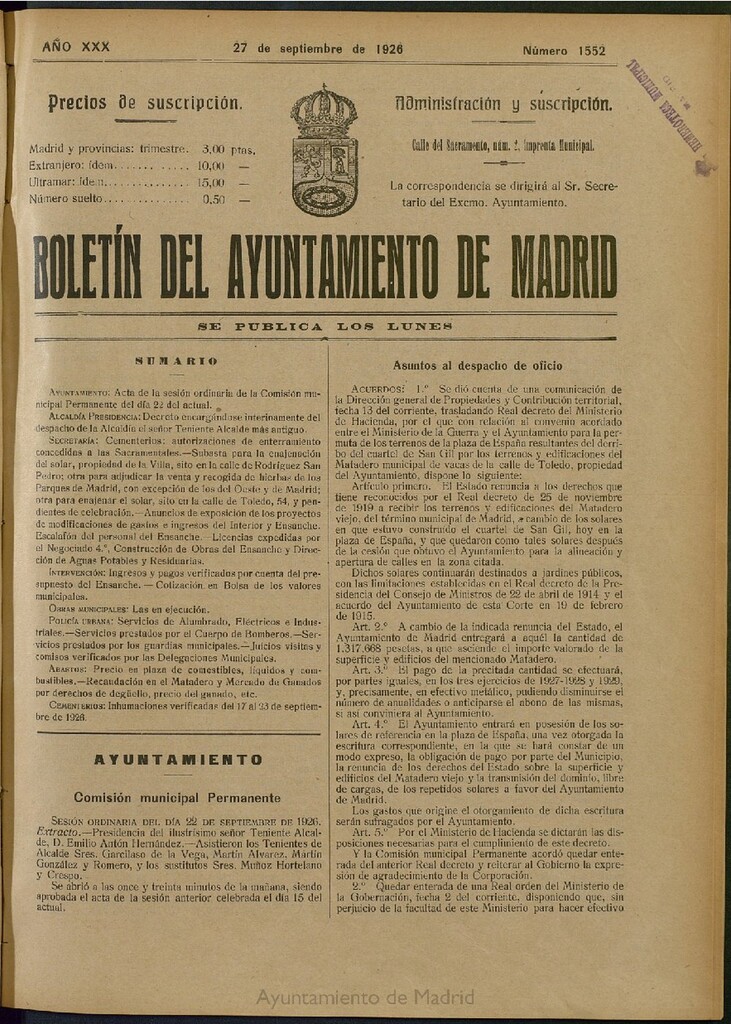 Miniatura de Boletín Oficial del Ayuntamiento de Madrid del 27 de septiembre de 1926, nº 1552
