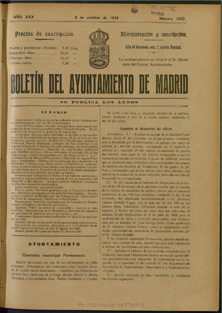 Miniatura de Boletín Oficial del Ayuntamiento de Madrid del 4 de octubre de 1926, nº 1553