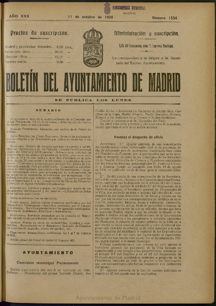 Miniatura de Boletín Oficial del Ayuntamiento de Madrid del 11 de octubre de 1926, nº 1554
